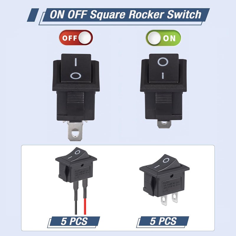 VEXUNGA Rocker Switch 12V Toggle Switch ON Off KCD1 Mini Rocker Switches 2 Pin AC 6A 250V 10A 125V SPST 2 Position Black Square (5Pcs with Leads 5Pcs Without Wires) - Image 3